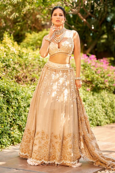 Farha Syed Ivory Chanderi Silk, Tissue, Organza Sequins, Beads, Embroidery, Lehenga Set 