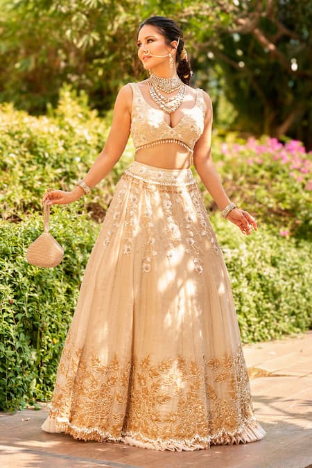 Shop_Farha Syed_Ivory Chanderi Silk, Tissue, Organza Sequins, Beads, Embroidery, Lehenga Set _Online_at_Aza_Fashions