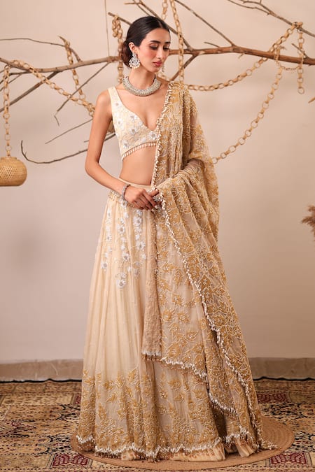 Farha Syed_Ivory Chanderi Silk, Tissue, Organza Sequins, Beads, Embroidery, Lehenga Set _at_Aza_Fashions