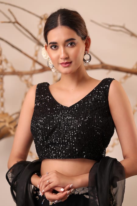 Farha Syed_Black Net, Organza Sequins, Embroidery, Blouse And Floral Pattern Skirt Set _Online_at_Aza_Fashions