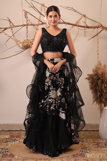 Farha Syed Sequined Blouse & Floral Pattern Skirt Set 