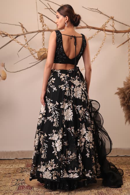 Farha Syed Sequined Blouse & Floral Pattern Skirt Set 