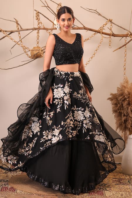 Buy_Farha Syed_Black Net, Organza Sequins, Embroidery, Blouse And Floral Pattern Skirt Set _Online_at_Aza_Fashions