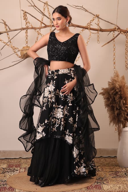 Shop_Farha Syed_Black Net, Organza Sequins, Embroidery, Blouse And Floral Pattern Skirt Set _Online_at_Aza_Fashions