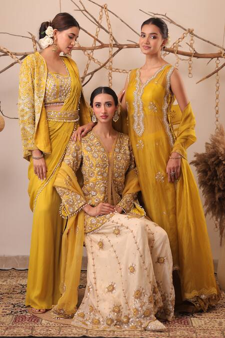 Farha Syed_Yellow Silk, Organza Sequins, Beads, Embroidery, Metallic Kurta And Skirt Set _Online_at_Aza_Fashions