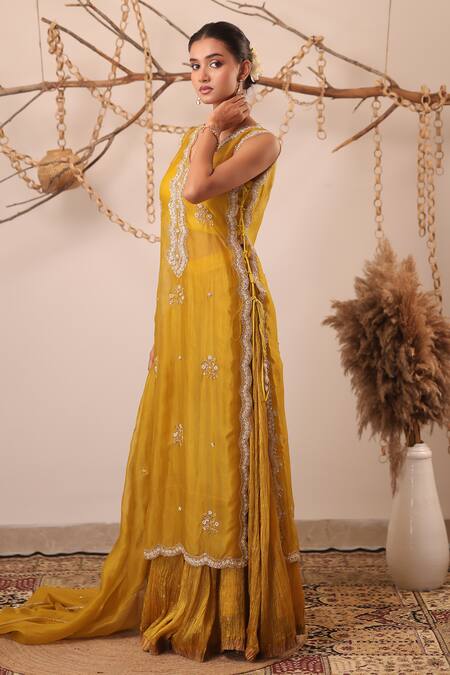 Buy_Farha Syed_Yellow Silk, Organza Sequins, Beads, Embroidery, Metallic Kurta And Skirt Set _Online_at_Aza_Fashions