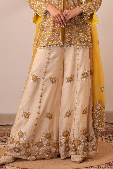 Farha Syed_Yellow Chanderi Silk, Tissue, Organza Embroidery, Peplum Top Sharara Set _Online_at_Aza_Fashions