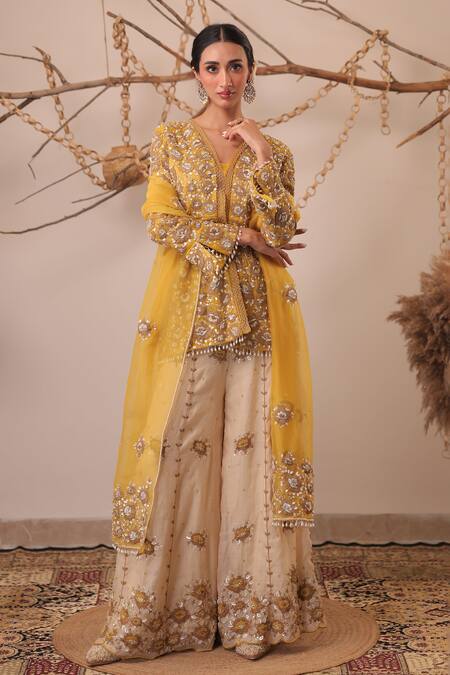 Buy_Farha Syed_Yellow Chanderi Silk, Tissue, Organza Embroidery, Peplum Top Sharara Set _Online_at_Aza_Fashions