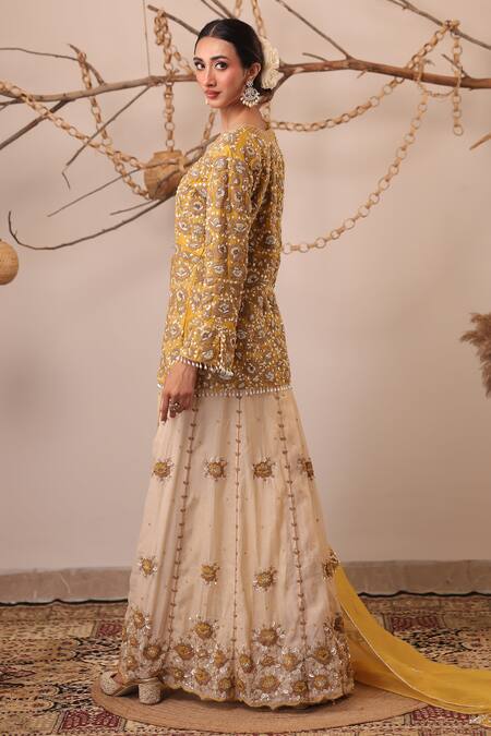 Shop_Farha Syed_Yellow Chanderi Silk, Tissue, Organza Embroidery, Peplum Top Sharara Set _Online_at_Aza_Fashions