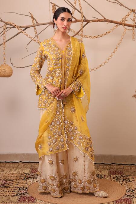 Farha Syed_Yellow Chanderi Silk, Tissue, Organza Embroidery, Peplum Top Sharara Set _at_Aza_Fashions
