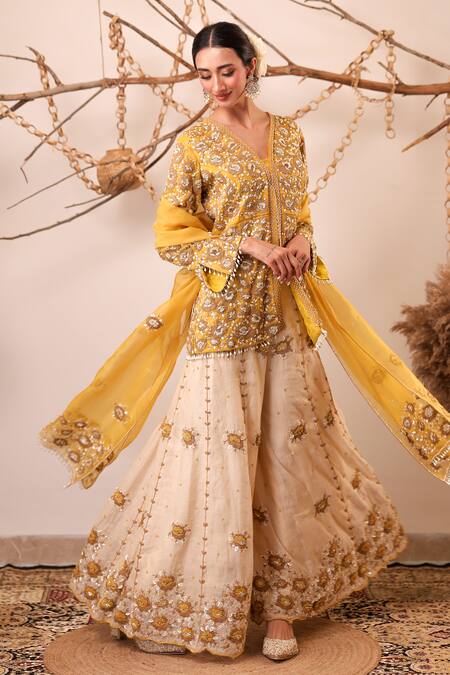 Shop_Farha Syed_Yellow Chanderi Silk, Tissue, Organza Embroidery, Peplum Top Sharara Set 
