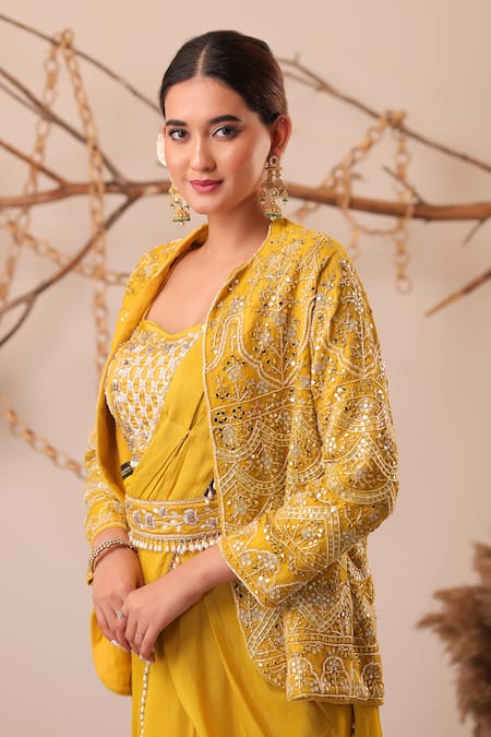 Shop_Farha Syed_Yellow Chiffon, Chanderi Silk, Tissue Zari, Embroidery, Saree And Jacket Set _Online_at_Aza_Fashions