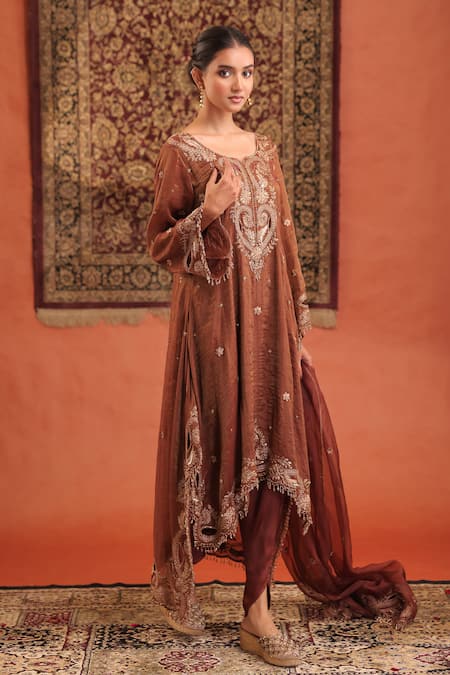Farha Syed_Brown Chanderi Silk, Tissue, Shantoon, Organza Embroidery, Zari, Kurta Dhoti Set _Online_at_Aza_Fashions