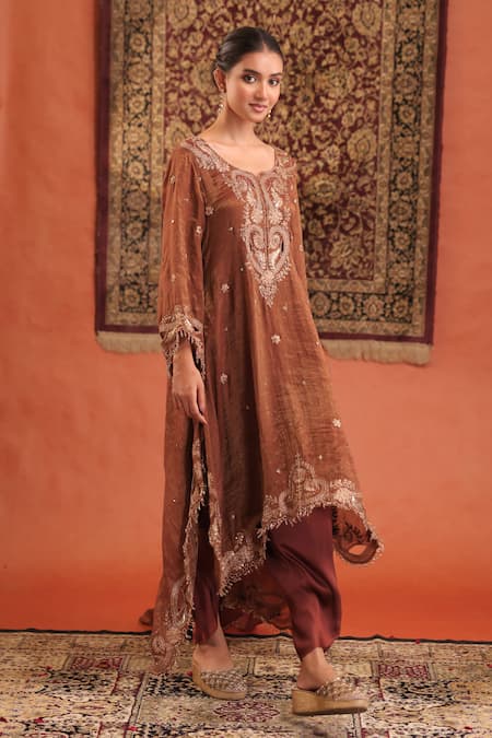 Buy_Farha Syed_Brown Chanderi Silk, Tissue, Shantoon, Organza Embroidery, Zari, Kurta Dhoti Set _Online_at_Aza_Fashions
