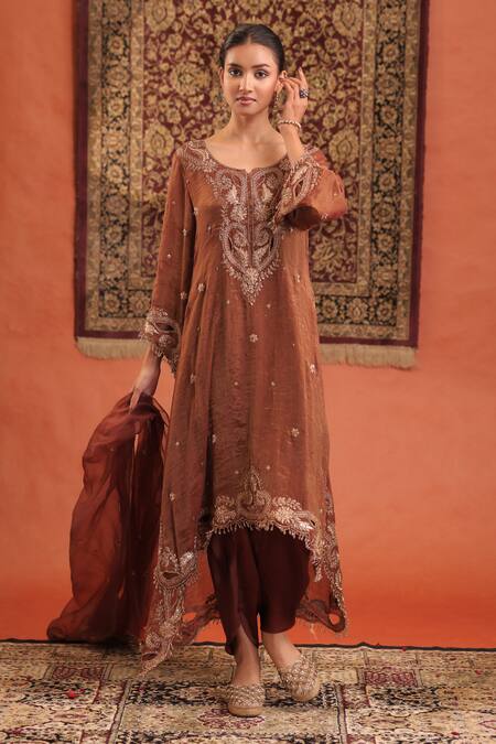 Shop_Farha Syed_Brown Chanderi Silk, Tissue, Shantoon, Organza Embroidery, Zari, Kurta Dhoti Set _Online_at_Aza_Fashions