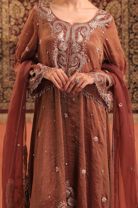 Farha Syed_Brown Chanderi Silk, Tissue, Shantoon, Organza Embroidery, Zari, Kurta Dhoti Set _at_Aza_Fashions