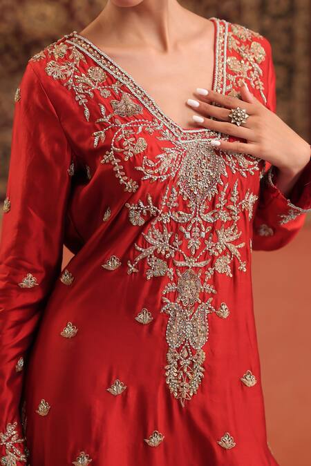 Shop_Farha Syed_Red Silk, Shantoon, Organza Embroidery, Stones, Sequins, Zari V-neck Kurta Set _Online_at_Aza_Fashions