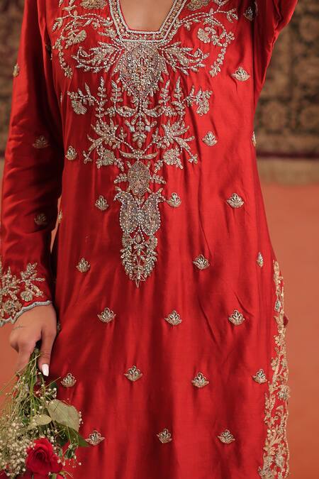 Farha Syed_Red Silk, Shantoon, Organza Embroidery, Stones, Sequins, Zari V-neck Kurta Set _at_Aza_Fashions