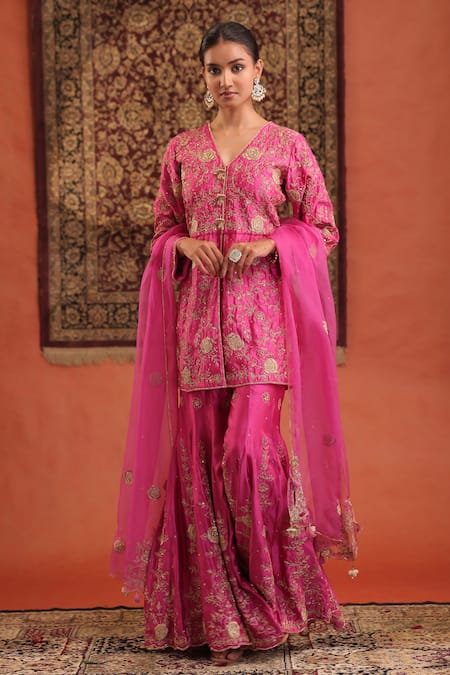 Farha Syed Embroidered Silk Kurta Sharara Set 