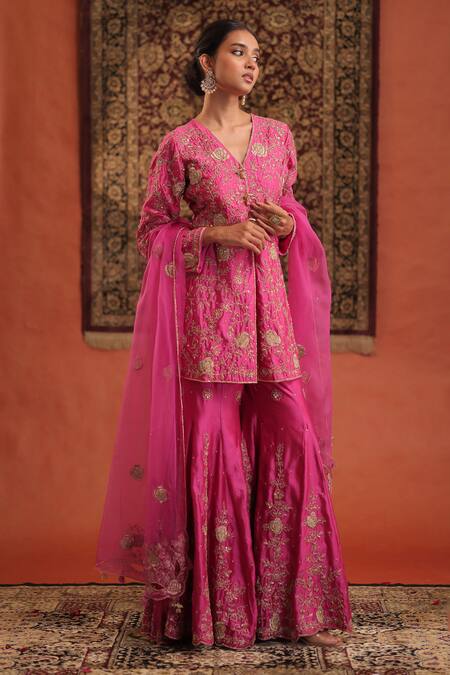 Buy_Farha Syed_Pink Silk, Organza Zari, Embroidery, Tassels V-neck Kurta Sharara Set _Online_at_Aza_Fashions