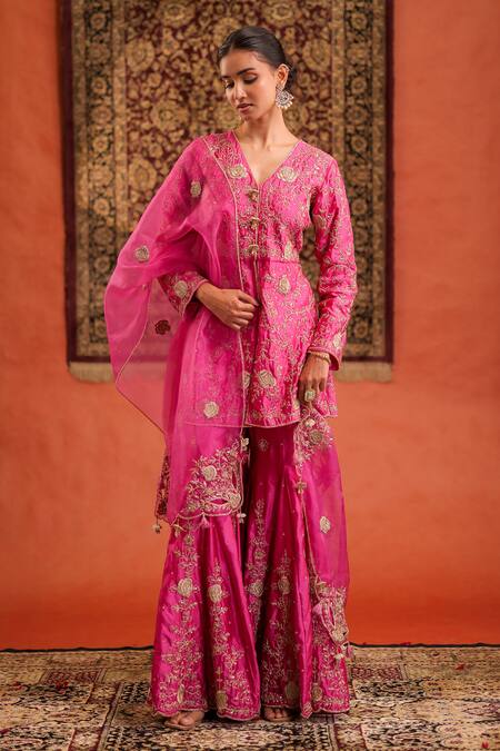 Farha Syed_Pink Silk, Organza Zari, Embroidery, Tassels V-neck Kurta Sharara Set _at_Aza_Fashions
