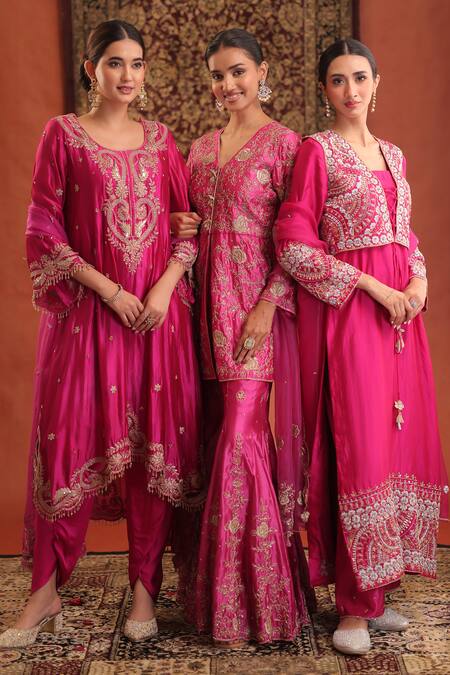 Buy_Farha Syed_Pink Silk, Organza Zari, Embroidery, Tassels V-neck Kurta Sharara Set 