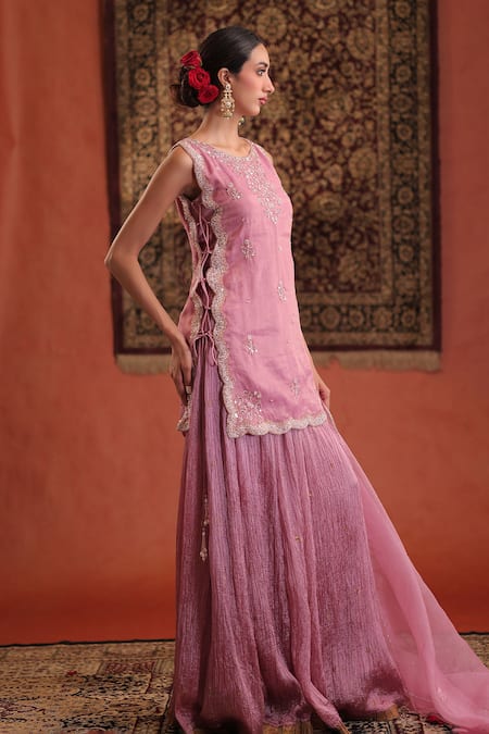 Buy_Farha Syed_Pink Chanderi Silk, Organza Embroidery, Sequins, Side Slit Kurta And Skirt Set _Online_at_Aza_Fashions