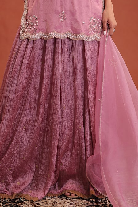 Shop_Farha Syed_Pink Chanderi Silk, Organza Embroidery, Sequins, Side Slit Kurta And Skirt Set _Online_at_Aza_Fashions