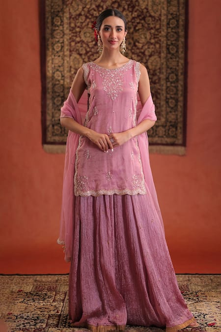 Buy_Farha Syed_Pink Chanderi Silk, Organza Embroidery, Sequins, Side Slit Kurta And Skirt Set 