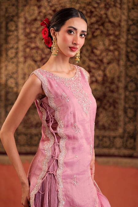 Shop_Farha Syed_Pink Chanderi Silk, Organza Embroidery, Sequins, Side Slit Kurta And Skirt Set 
