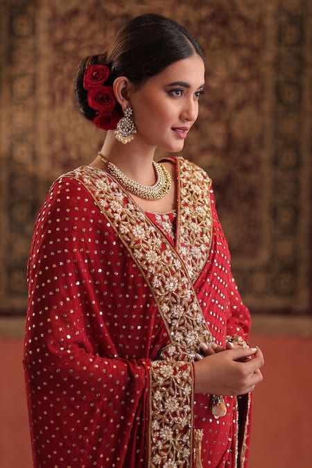Farha Syed_Red Georgette Sequins, Zari, Embroidery Round Neck, Square Saree And Blouse Set _Online_at_Aza_Fashions