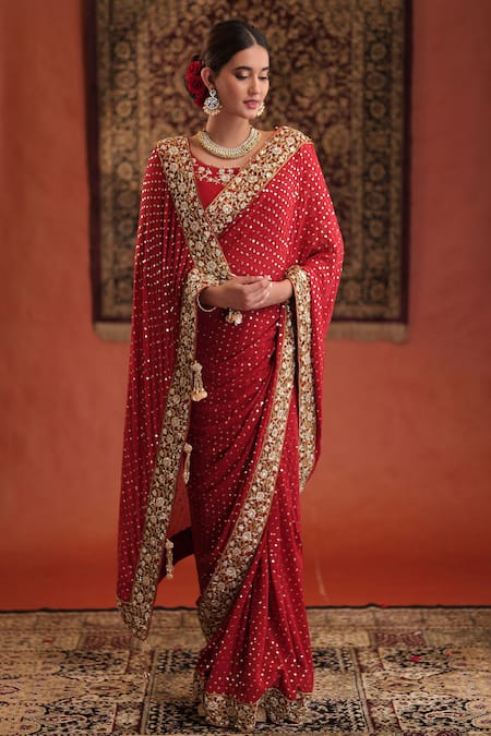 Buy_Farha Syed_Red Georgette Sequins, Zari, Embroidery Round Neck, Square Saree And Blouse Set _Online_at_Aza_Fashions