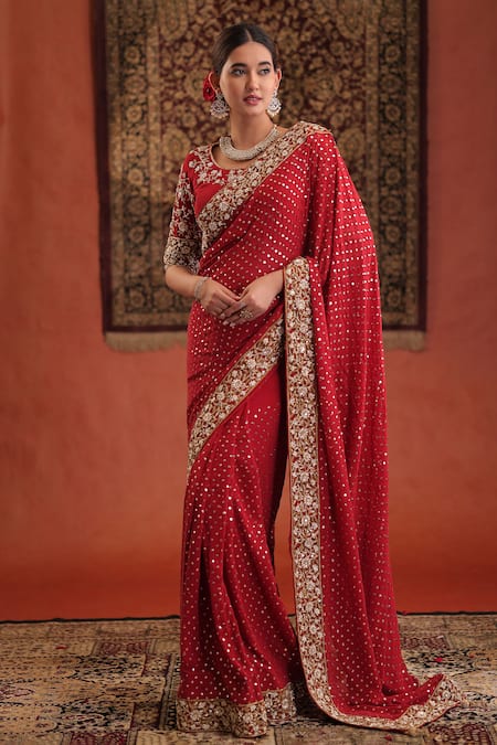 Shop_Farha Syed_Red Georgette Sequins, Zari, Embroidery Round Neck, Square Saree And Blouse Set _Online_at_Aza_Fashions