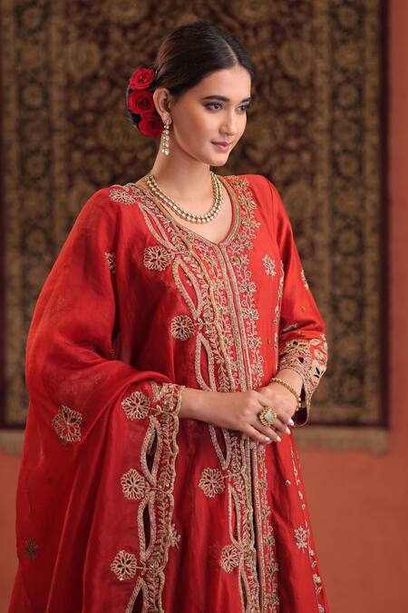 Buy_Farha Syed_Red Silk, Organza Embroidery, Zari, Sequins Split V-neck Kurta Lehenga Set _Online_at_Aza_Fashions