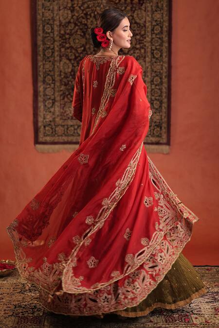 Shop_Farha Syed_Red Silk, Organza Embroidery, Zari, Sequins Split V-neck Kurta Lehenga Set _Online_at_Aza_Fashions