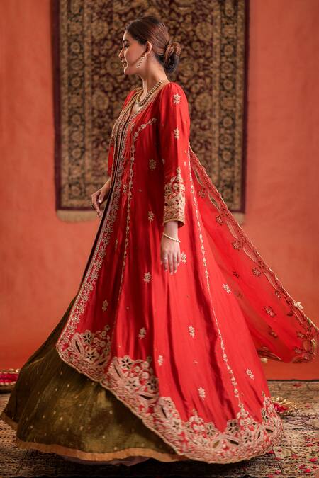 Farha Syed_Red Silk, Organza Embroidery, Zari, Sequins Split V-neck Kurta Lehenga Set _at_Aza_Fashions