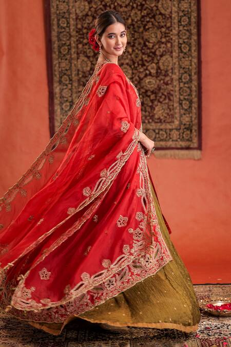 Buy_Farha Syed_Red Silk, Organza Embroidery, Zari, Sequins Split V-neck Kurta Lehenga Set 