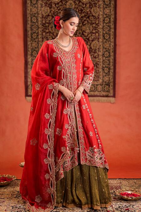 Shop_Farha Syed_Red Silk, Organza Embroidery, Zari, Sequins Split V-neck Kurta Lehenga Set 