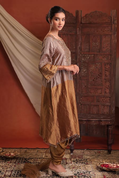 Buy_Farha Syed_Silver Tissue, Net Embroidery, Sequins, Beads Kurta Dhoti Pant And Dupatta Set _Online_at_Aza_Fashions