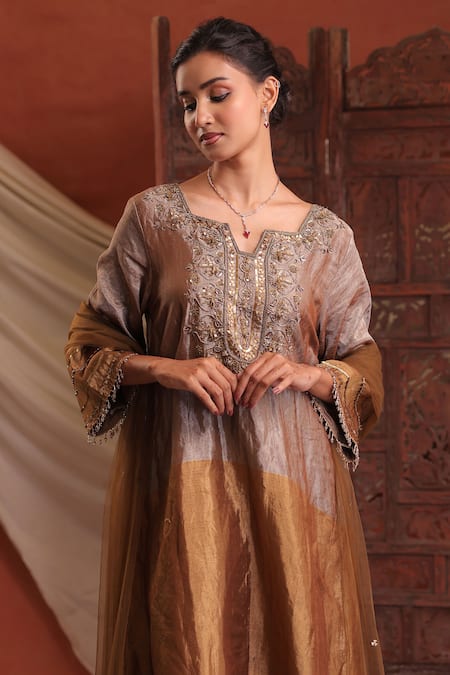 Shop_Farha Syed_Silver Tissue, Net Embroidery, Sequins, Beads Kurta Dhoti Pant And Dupatta Set _Online_at_Aza_Fashions