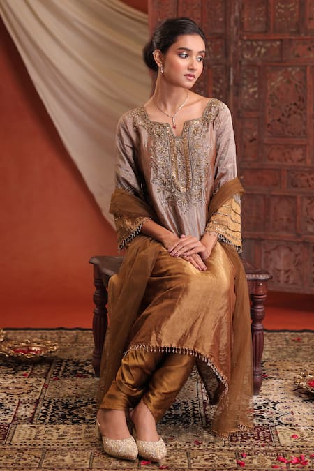 Shop_Farha Syed_Silver Tissue, Net Embroidery, Sequins, Beads Kurta Dhoti Pant And Dupatta Set 