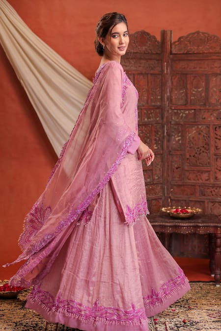Buy_Farha Syed_Pink Chanderi Silk, Organza, Taffeta, Shantoon Embroidery, Kurta Sharara Set _Online_at_Aza_Fashions