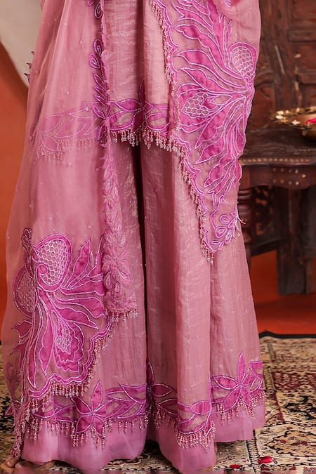 Shop_Farha Syed_Pink Chanderi Silk, Organza, Taffeta, Shantoon Embroidery, Kurta Sharara Set _Online_at_Aza_Fashions