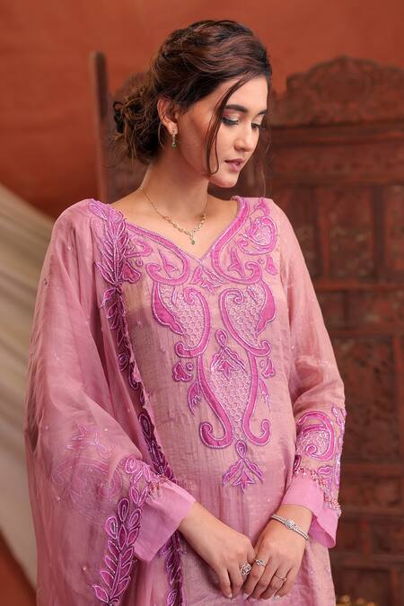 Farha Syed_Pink Chanderi Silk, Organza, Taffeta, Shantoon Embroidery, Kurta Sharara Set _at_Aza_Fashions