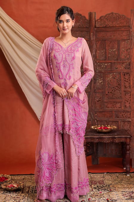 Buy_Farha Syed_Pink Chanderi Silk, Organza, Taffeta, Shantoon Embroidery, Kurta Sharara Set 