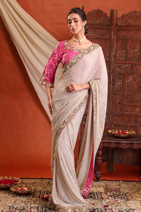 Farha Syed_Ivory Georgette, Shantoon, Taffeta Sequins, Embroidery, Zari Saree And Blouse Set _Online_at_Aza_Fashions