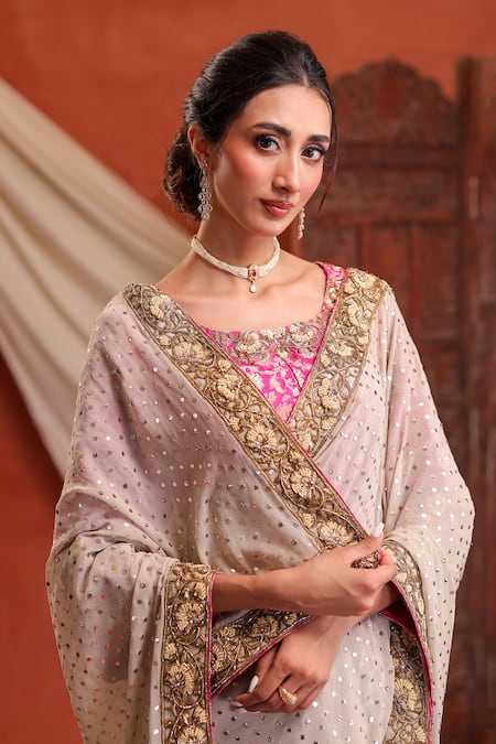 Buy_Farha Syed_Ivory Georgette, Shantoon, Taffeta Sequins, Embroidery, Zari Saree And Blouse Set _Online_at_Aza_Fashions