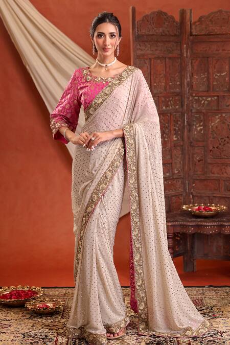 Shop_Farha Syed_Ivory Georgette, Shantoon, Taffeta Sequins, Embroidery, Zari Saree And Blouse Set _Online_at_Aza_Fashions