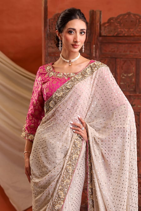 Farha Syed_Ivory Georgette, Shantoon, Taffeta Sequins, Embroidery, Zari Saree And Blouse Set _at_Aza_Fashions