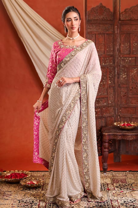Buy_Farha Syed_Ivory Georgette, Shantoon, Taffeta Sequins, Embroidery, Zari Saree And Blouse Set 